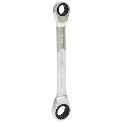 Ein silberfarbener Ringschlüssel mit einem dreizehn Millimeter und einem zehn Millimeter Kopf, geeignet für Schrauben und Muttern.