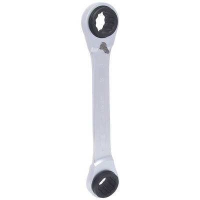 Ein silberner Doppel-Ringschlüssel mit schwarz geriffelten Innenringen. Ober- und Unterseite sind jeweils mit einem Ratschenmechanismus ausgestattet.