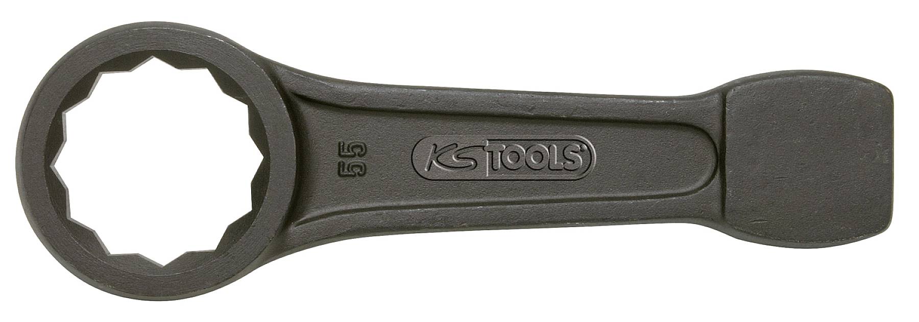 Ein schwarzer Ringschlüssel mit der Aufschrift 'KS Tools', verwendet für festziehende oder lösende Schrauben und Muttern.