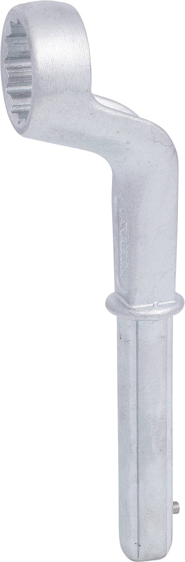 'Hakenschlüssel aus Metall, geeignet zum Anziehen von Schrauben und Muttern in schwer zugänglichen Bereichen, mit rundem Griff.'