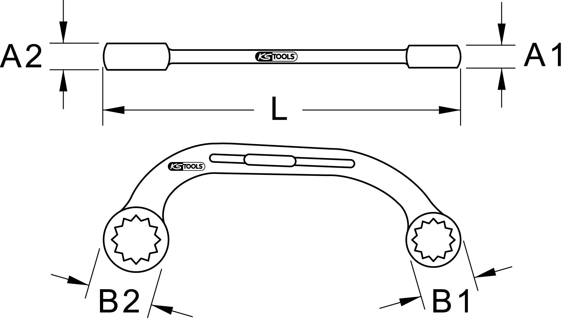 Diagramm eines gekrümmten Schraubenschlüssels mit Maßen A1, A2, B1, B2 und Länge L, markiert mit 'KS Tools'-Logo in der Mitte.