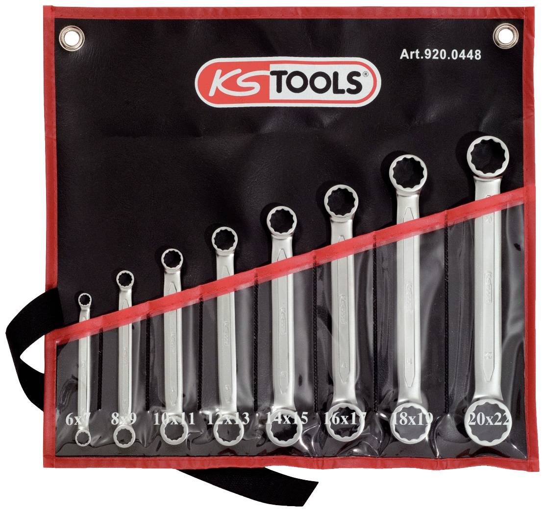 'Satz von neun Ringschlüsseln in verschiedenen Größen, von 6 mm bis 22 mm, mit roter Werkzeugtasche und Logo von KS Tools.'