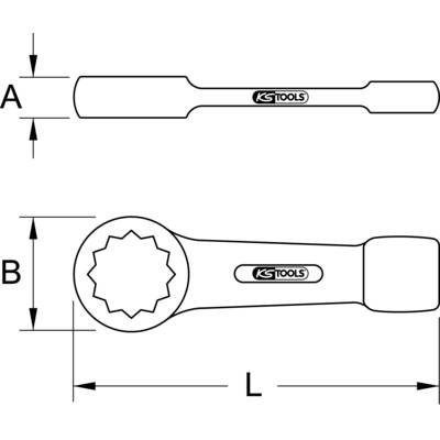 Grafik eines Ringschlüssels mit Maßen: A=Maulbreite, B=Gesamthöhe, L=Gesamtlänge. Markenlogo 'KS Tools' auf dem Griff.