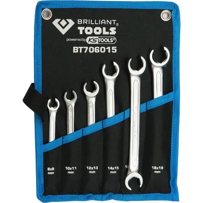 'Satz von sechs Ring-Gabelschlüsseln in einer blauen Werkzeugtasche, Größen 8-19 mm, Marke Brilliant Tools.'