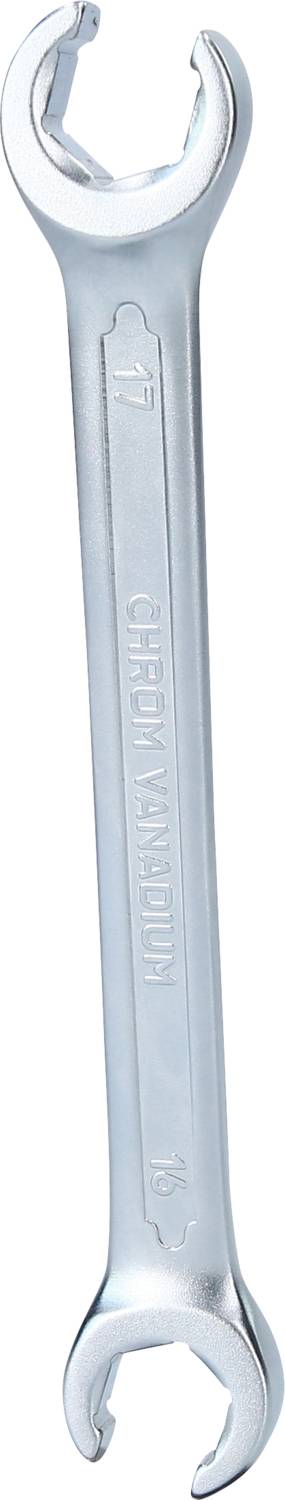 Ein silberner Schraubenschlüssel mit offenen Enden und der Aufschrift 'Chrome Vanadium', Größe 17 mm und 19 mm.