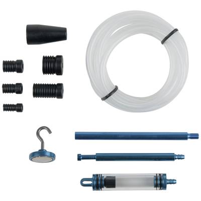Teile eines Wasserfiltersystems: Schläuche, schwarze und blaue Anschlussstücke, Aufhängung und durchsichtiger Filter.