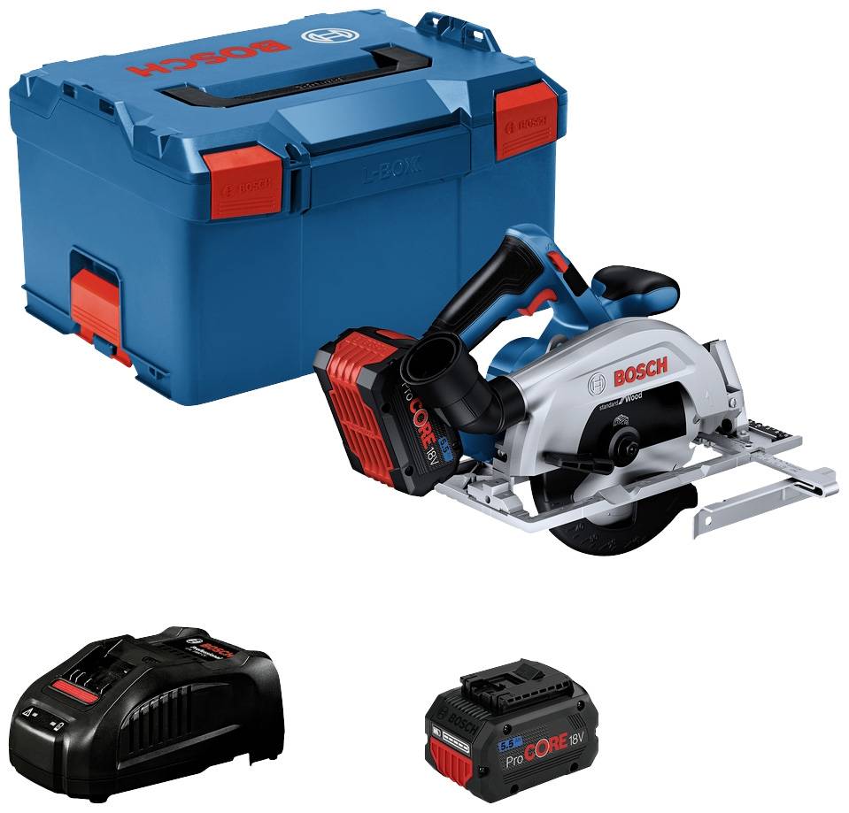 Eine Bosch Akku-Handkreissäge mit Ladegerät und Akku neben einem blauen Transportkoffer. Ideal für mobile Holzarbeiten.