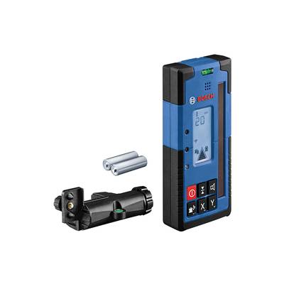 Digitales Bosch Laser-Entfernungsmessgerät mit Zubehör, einschließlich Halterung und Batterien. Display zeigt Messwert an.