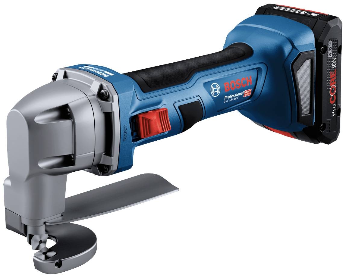 Ein elektrisches Bosch-Werkzeug mit blauem Gehäuse, rotem Schalter und schwarzem Griff, ausgestattet mit einer Schneidevorrichtung vorne.