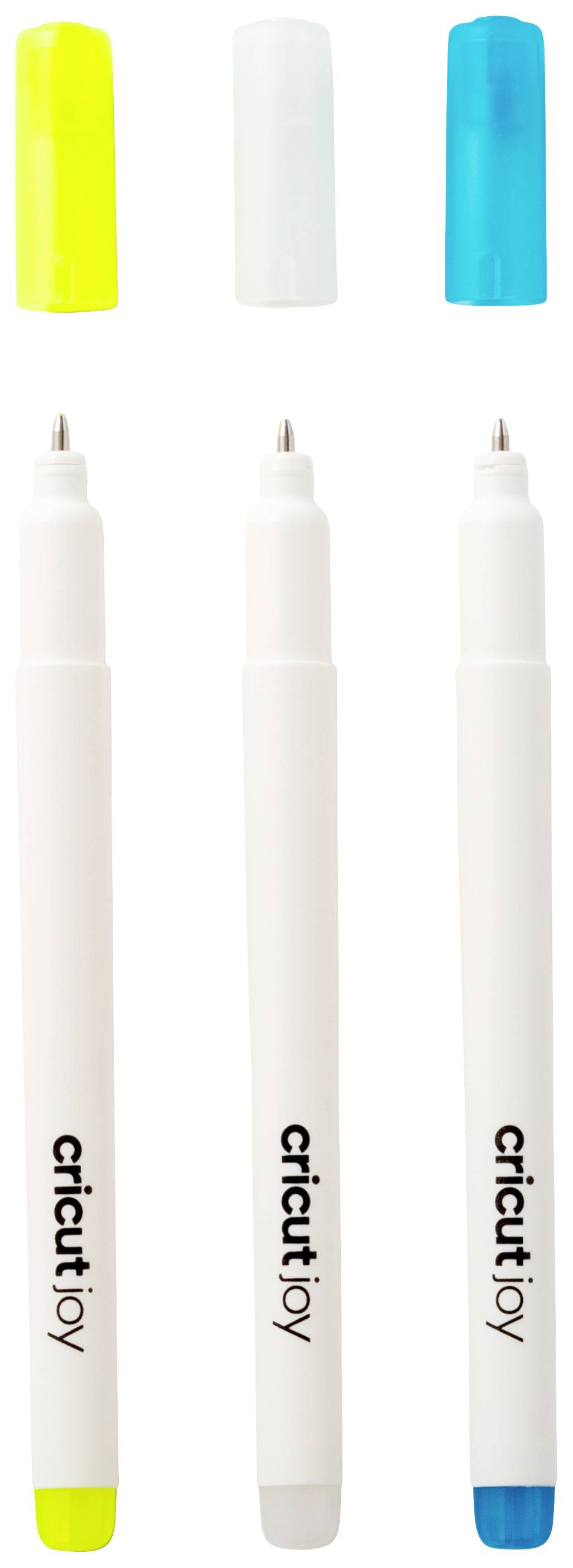 Drei weiße Stifte mit der Aufschrift 'cricut joy', je mit abnehmbarer Kappe in Gelb, Weiß und Blau. 