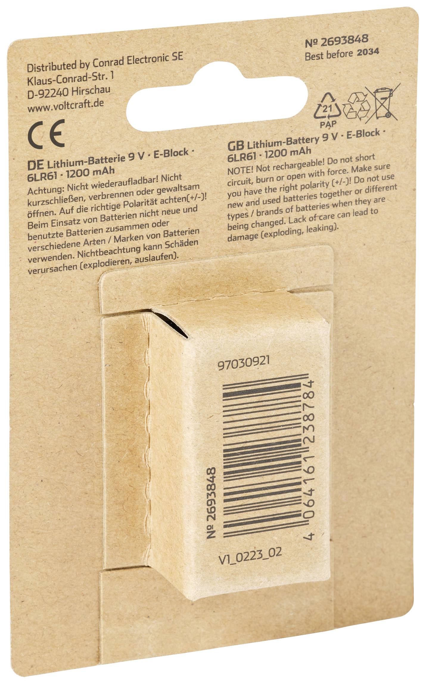 Rückseite einer Batterieverpackung mit Informationen auf Deutsch und Englisch: Lithium-Batterie 9V, 1200mAh, wiederaufladbar, von Conrad Electronic SE.