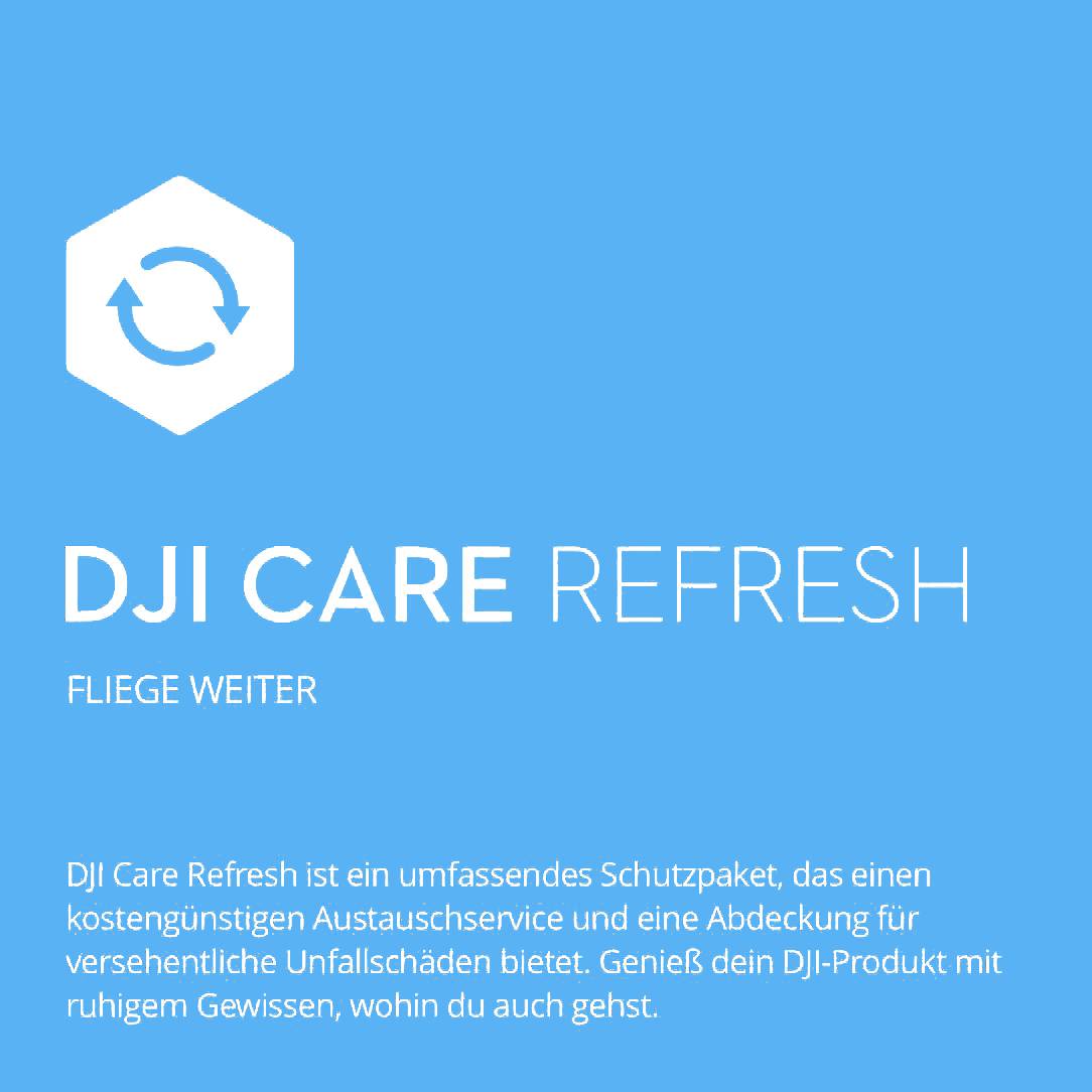 Blauer Hintergrund mit sechseckigem Symbol und Rundpfeilen. Der Text beschreibt 'DJI Care Refresh' als Schutzpaket für DJI-Produkte.
