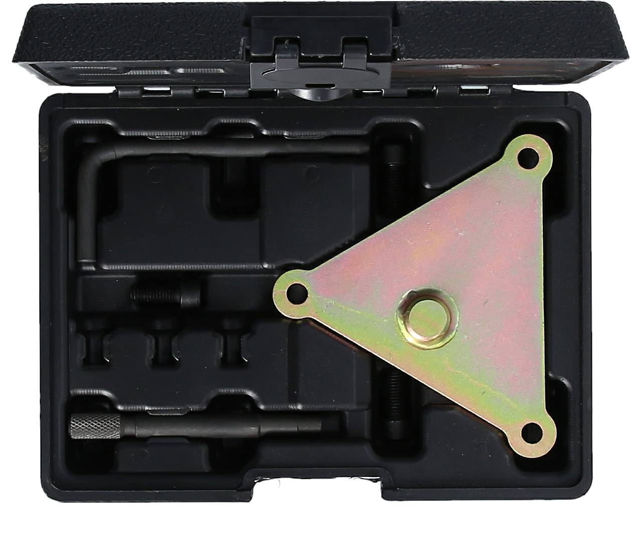 Ein Werkzeugkasten mit einem dreieckigen Metallwerkzeug und verschiedenen Schrauben und Zubehörteilen. Ideal für Autoreparaturen.