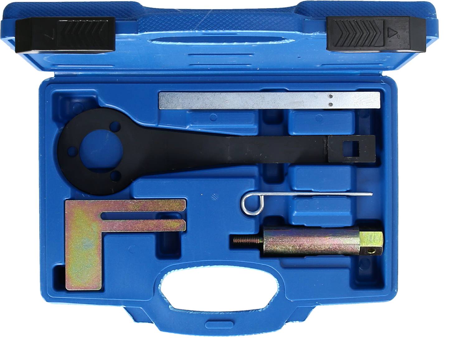 Ein blauer Werkzeugkoffer mit verschiedenen Metallwerkzeugen, darunter ein Schraubenschlüssel und ein Stift. Ideal für Reparaturen.