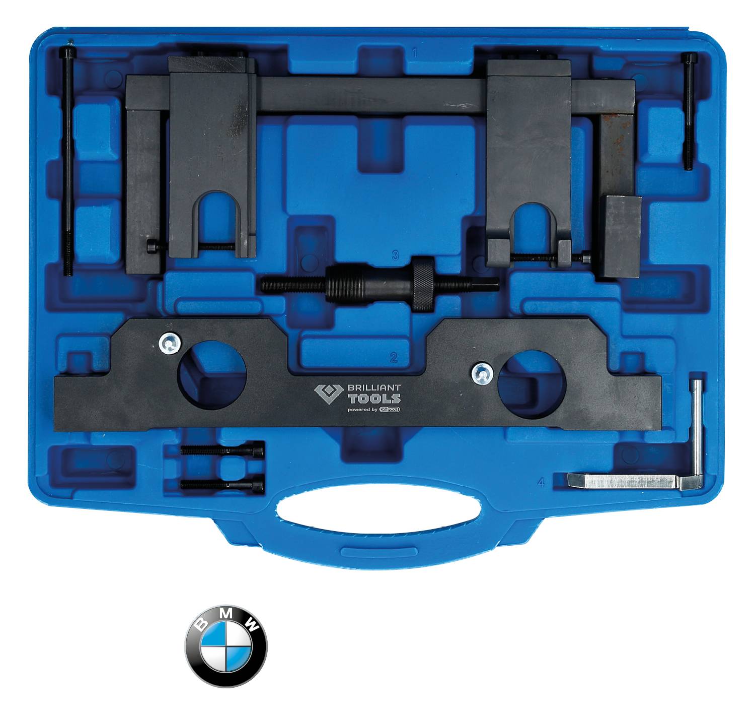 Ein blauer Werkzeugkoffer mit einem Nockenwellen-Einstellwerkzeugsatz, geeignet für BMW-Fahrzeuge.