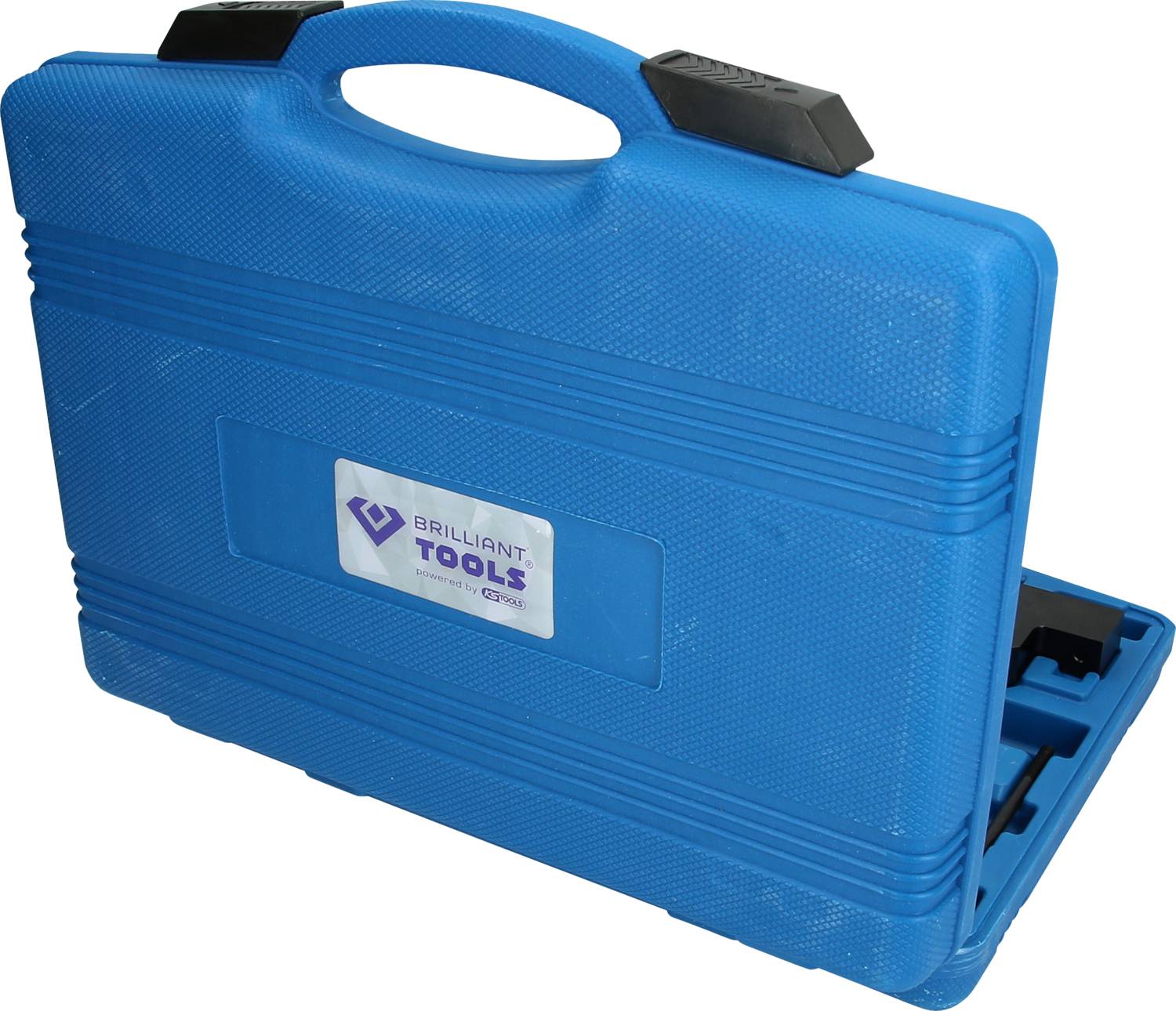 Ein blauer Werkzeugkoffer mit festem Griff, trägt das Logo 'Brilliant Tools'. Geeignet zum sicheren Transport von Werkzeugen.