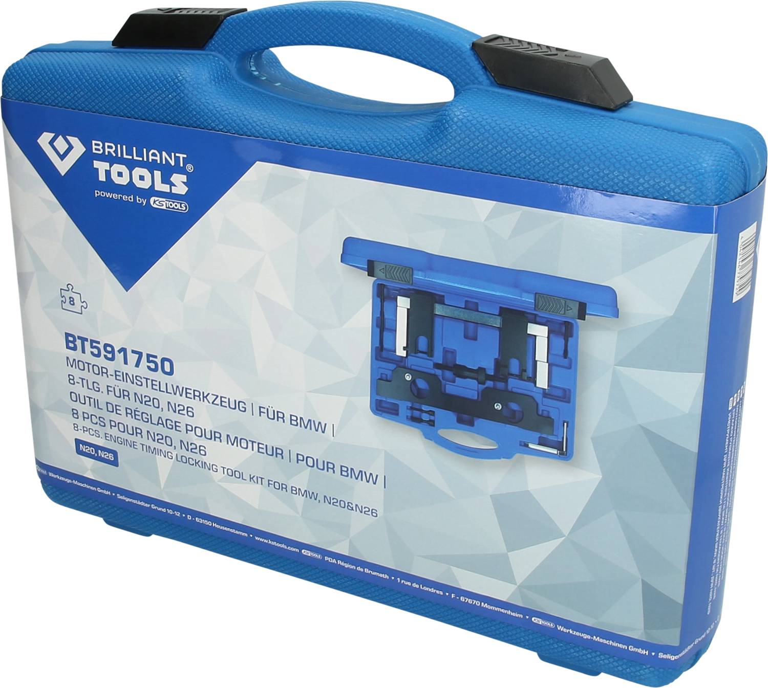 Blauer Kunststoffkoffer mit der Aufschrift 'Brilliant Tools'. Enthält Werkzeug zum Entriegeln des Motors für BMW.