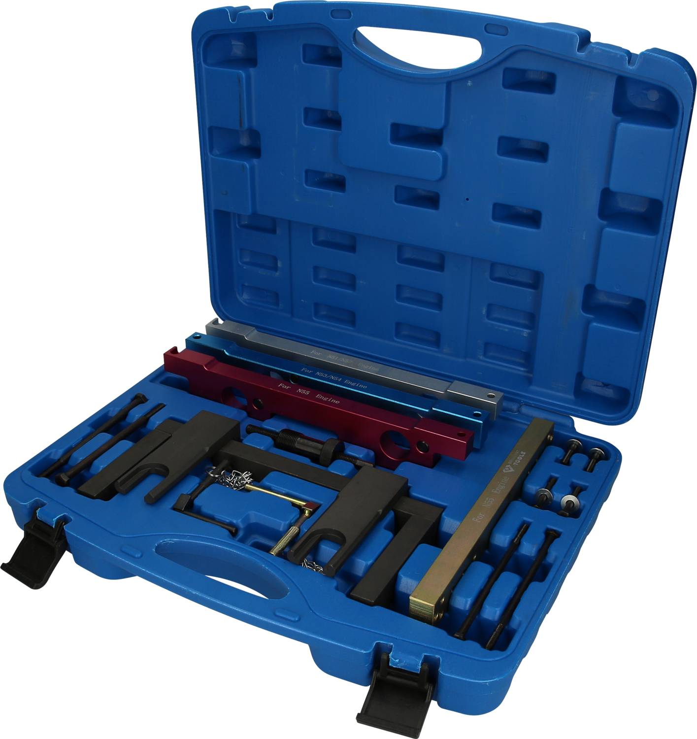 Ein blauer Werkzeugkoffer enthält verschiedene mechanische Werkzeuge und Aufsätze, die geordnet und einsatzbereit verstaut sind.