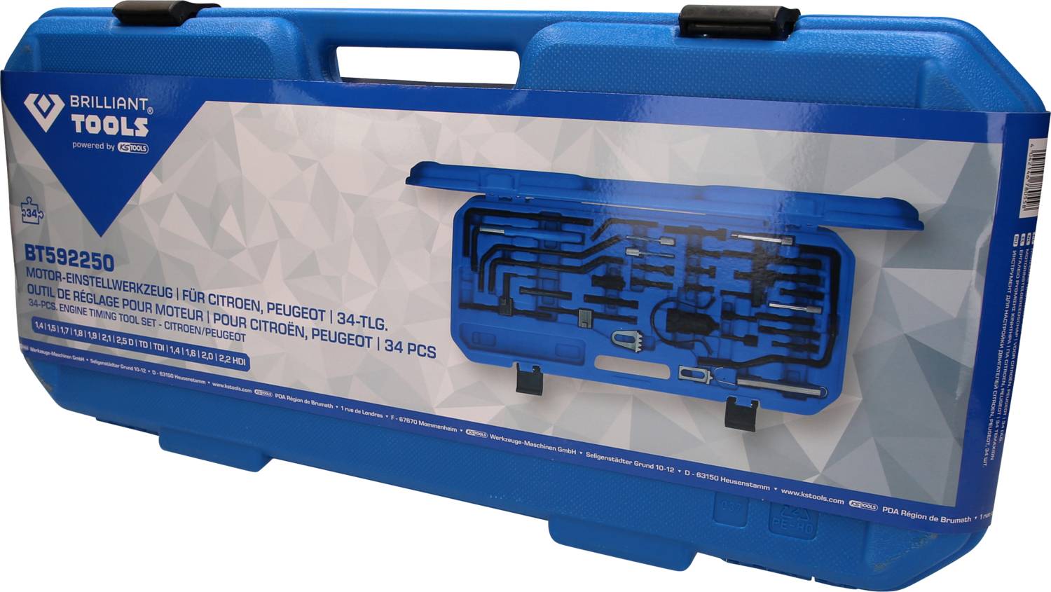 Blauer Koffer mit der Aufschrift 'BTS92250'. Enthält ein 34-teiliges Nockenwellenwerkzeug-Set für Citroën und Peugeot.