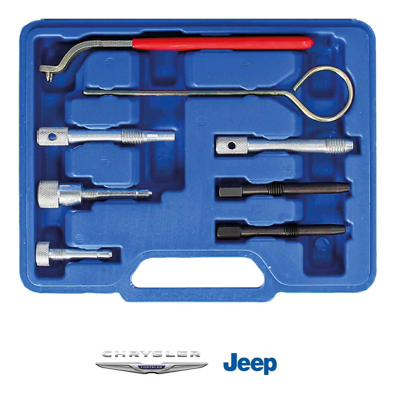 Ein blauer Werkzeugkoffer mit verschiedenen Metallwerkzeugen zur Fahrzeugreparatur. Markenlogos von 'Chrysler' und 'Jeep'.