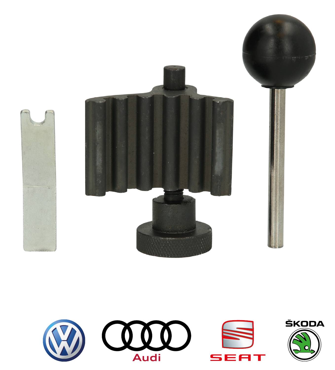 Ein Satz von Werkzeugen zur Einstellung der Steuerkette, darunter ein Spanner und ein Hebel. Darunter befinden sich Logos von VW, Audi, SEAT und ŠKODA.