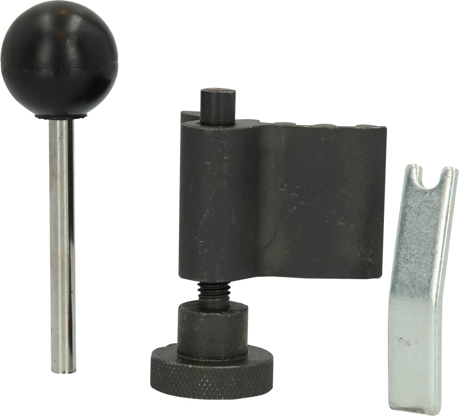 Ein Set von drei Metallwerkzeugen, darunter ein schwarzer Hebel mit Kugelgriff, eine schwarze Spannvorrichtung und ein silberner Haken.