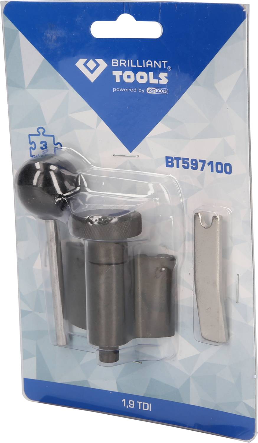 'Brilliant Tools' Packung mit einem Werkzeugset für 1,9 TDI-Motoren, bestehend aus mehreren Metallteilen, nummeriert mit '3'.