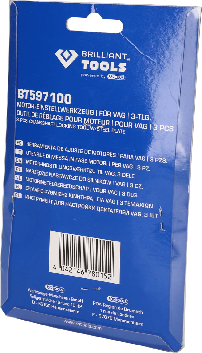 Verpackung eines 3-teiligen MotoEinstellwerkzeug-Sets von Brilliant Tools, geeignet für VAG-Motoren, mit kurzer Produktbeschreibung.