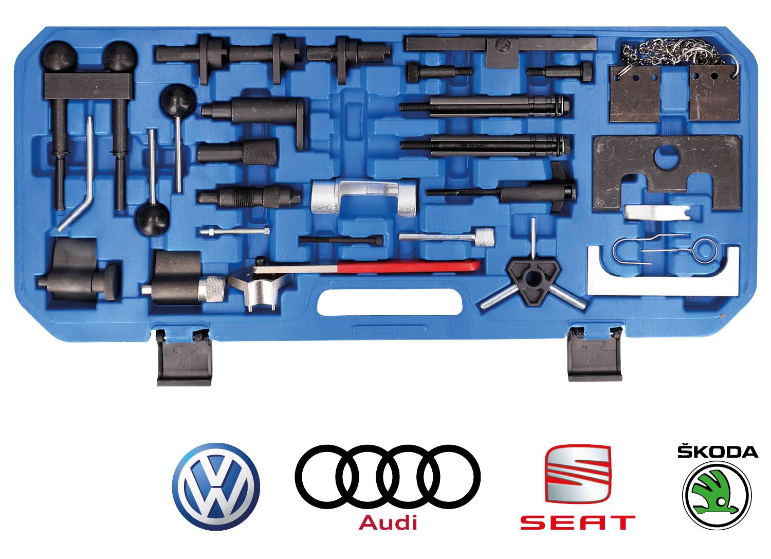 Ein blauer Werkzeugkoffer mit verschiedenen speziellen Autowerkzeugen, darunter Markenlogos von Volkswagen, Audi, SEAT und Škoda.