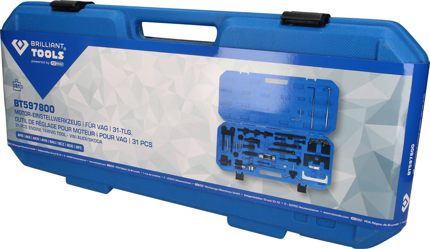 Blauer Werkzeugkoffer mit der Aufschrift 'Motor-Einstellwerkzeug für VAG, 31-teilig'. Zeigt eine Grafik des Kofferinhalts auf dem Etikett.
