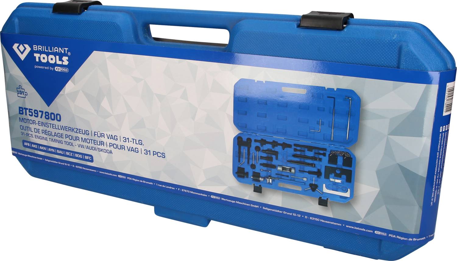 Blaue Werkzeugkoffer mit Logo 'Brilliant Tools' und Aufschrift 'Motor-Einstellwerkzeug für VAG 31-tlg.' mit Bild des Inhalts.