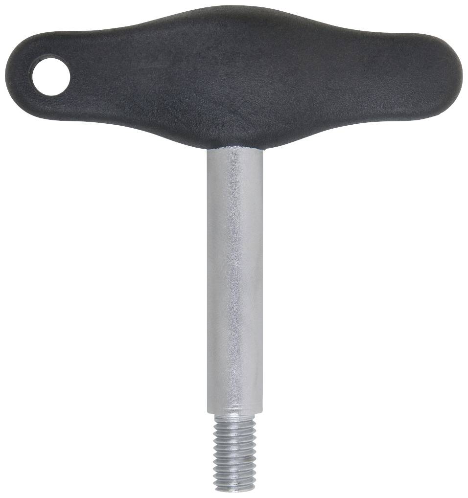 Ein schwarzer T-Griff mit einem Gewindestift unten, verwendet zum Festziehen oder Lösen von Schrauben oder Bolzen.