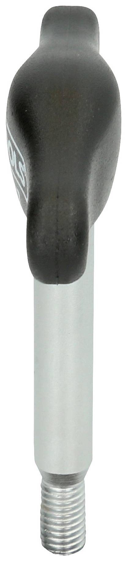 Schwarzer, ergonomisch geformter Griff an einem metallischen Gewindestab, vermutlich ein Bedienelement oder Einstellknopf.