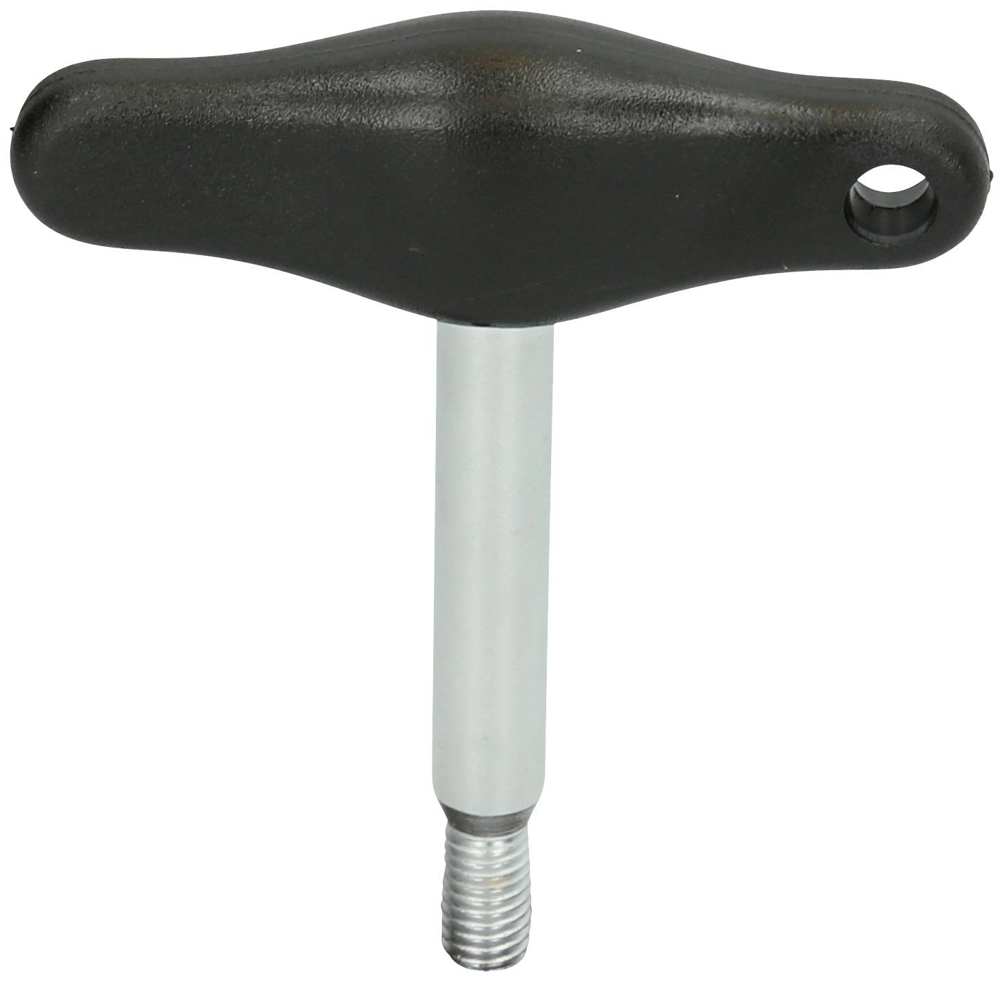 T-förmiger Griff mit silbernem Gewinde, geeignet für Werkzeuge oder Gerätebedienung.