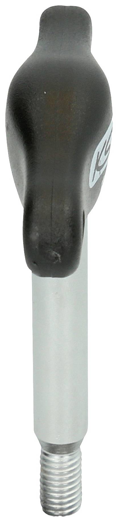 Ein schwarzer Flügelknopf mit silbernem Gewinde an einem Stab.