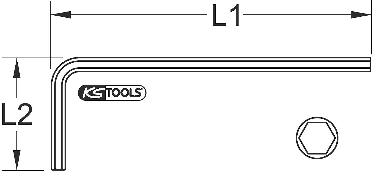 Ein Inbusschlüssel mit den Maßen L1 und L2. Das KS Tools Logo ist auf dem Schlüssel sichtbar. Sechskantkopf unten rechts.