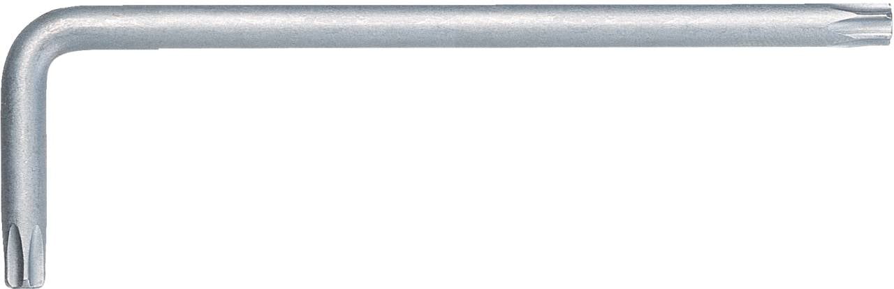 Ein silberfarbener Torx-Schlüssel in L-Form, verwendet für das Festziehen oder Lösen von Torx-Schrauben.
