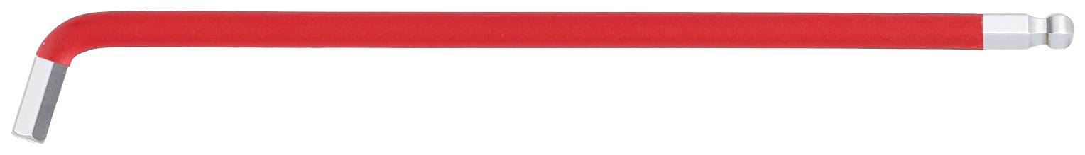 Ein roter Inbusschlüssel mit L-förmigem Design, links der kürzere, abgewinkelte Teil, rechts der längere, gerade Teil.