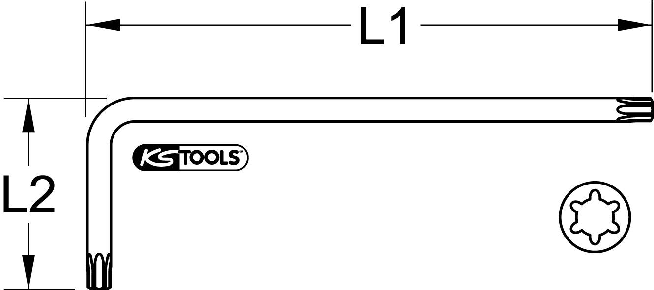 L-förmiger Torx-Schlüssel der Marke 'KS Tools'. Markierungen zeigen Längen L1 und L2 zur Größenbestimmung.