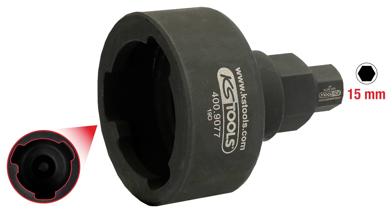 'Hochleistungs-Vielzahn-Mutternschlüssel, 15 mm Größe, geeignet für festsitzende Muttern; zeigt spezielles Design mit Hohlprofil.'
