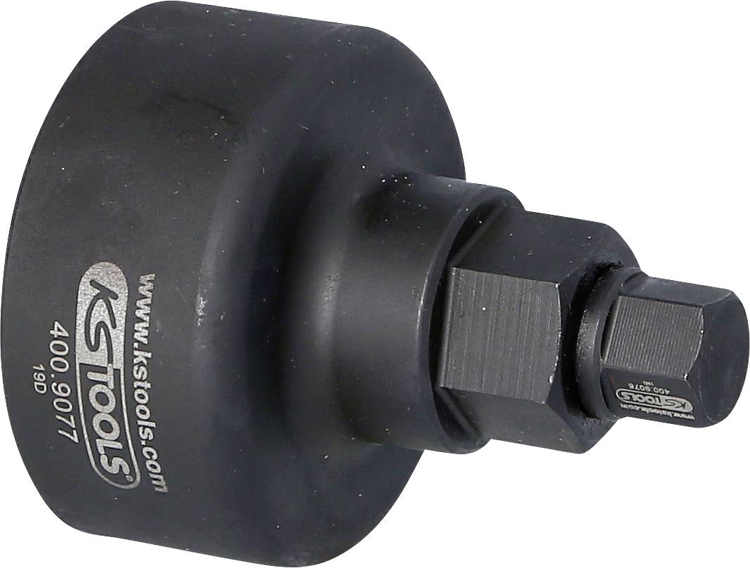 Schwarze Stecknuss mit sechseckigem Ende, geeignet für handbetätigte Werkzeuge. Aufschrift 'KS Tools'.