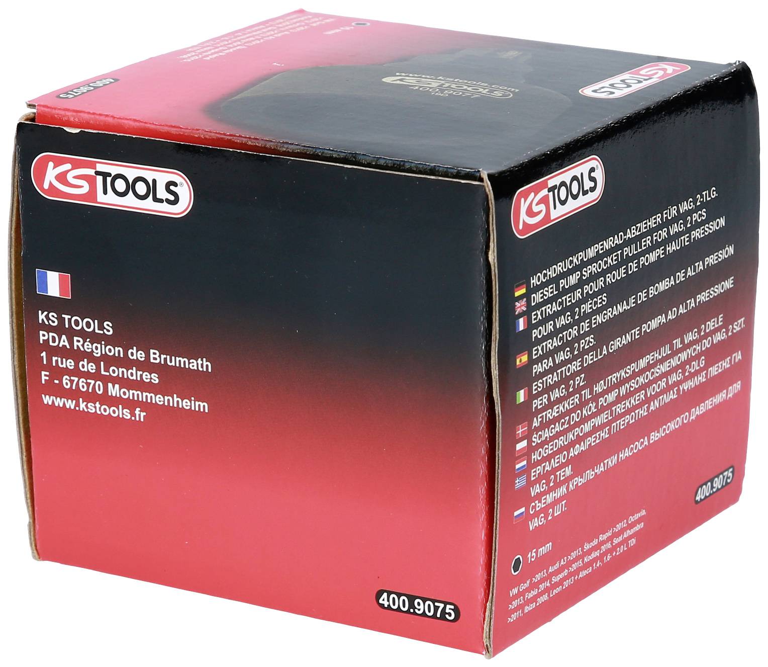 Roter Karton von KS Tools mit Produktinformationen und einer französischen Adresse auf der Seite. Logo und Schriftzüge gut sichtbar.