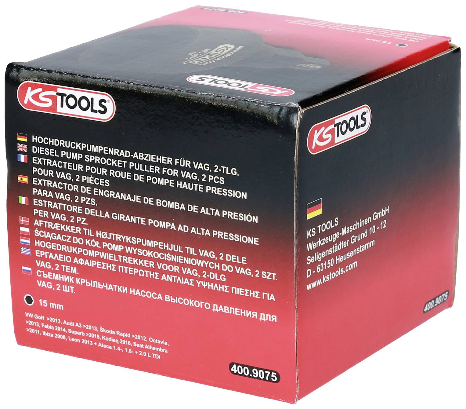 Eine Verpackung von KS Tools mit einem Hochdruckpumpenrad-Abzieher-Set für VAG. Enthält 2 Teile. Text in mehreren Sprachen.