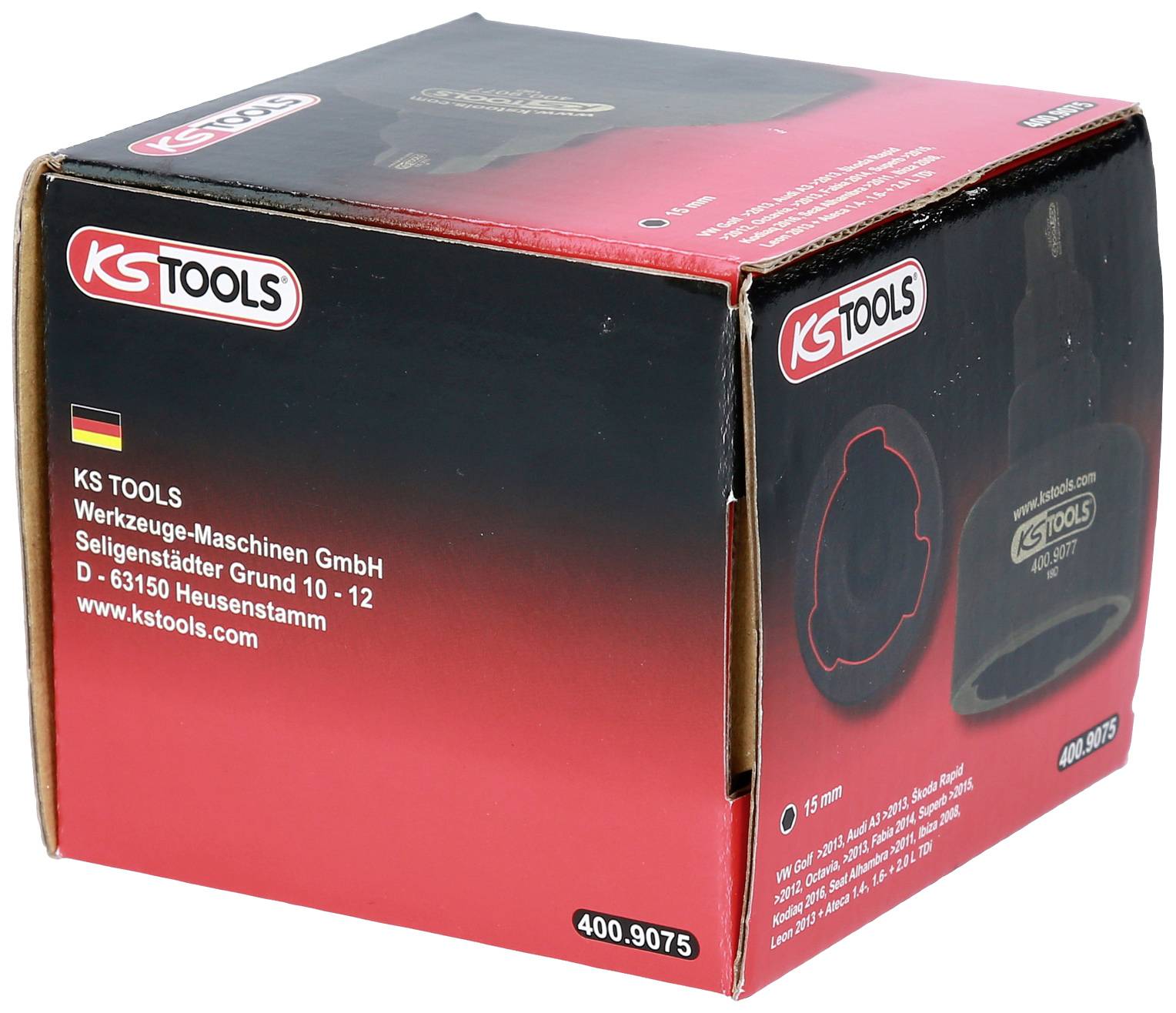 'KS Tools' Verpackung in Rot und Schwarz mit Firmenlogo, Produktbeschreibung und Kontaktinformationen auf der Seite.