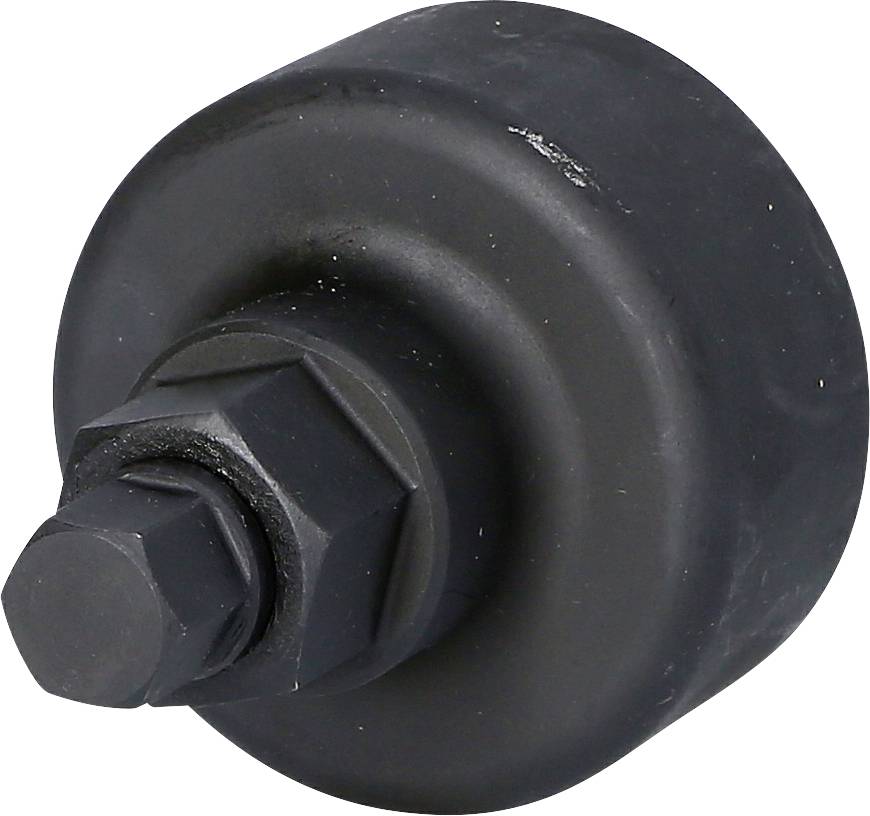 Schwarzer, zylindrischer Metalladapter mit sechseckigem Schraubenkopf und Gewinde, geeignet für mechanische Befestigungen.