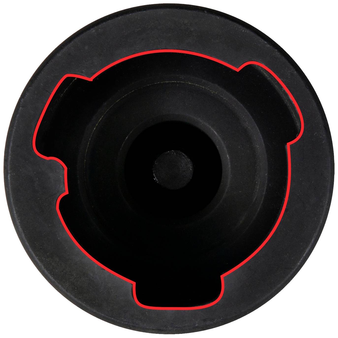 Ein schwarzer, runder Kunststoff-Eimerdeckel mit einem roten Dichtungsring in der Mitte, von oben betrachtet.