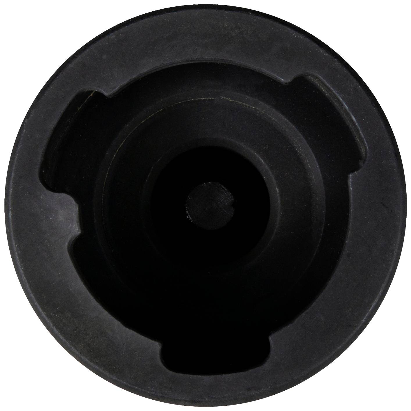 'Schwarzes, rundes Kunststoffteil mit zentraler Öffnung und radialen Einkerbungen am Rand.'