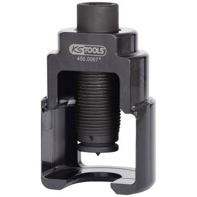 Das Bild zeigt ein schwarzes Werkzeugteil mit der Aufschrift 'KS TOOLS 450.0067R'. Es hat einen zylindrischen Körper und enthüllt einen innenliegenden Mechanismus.