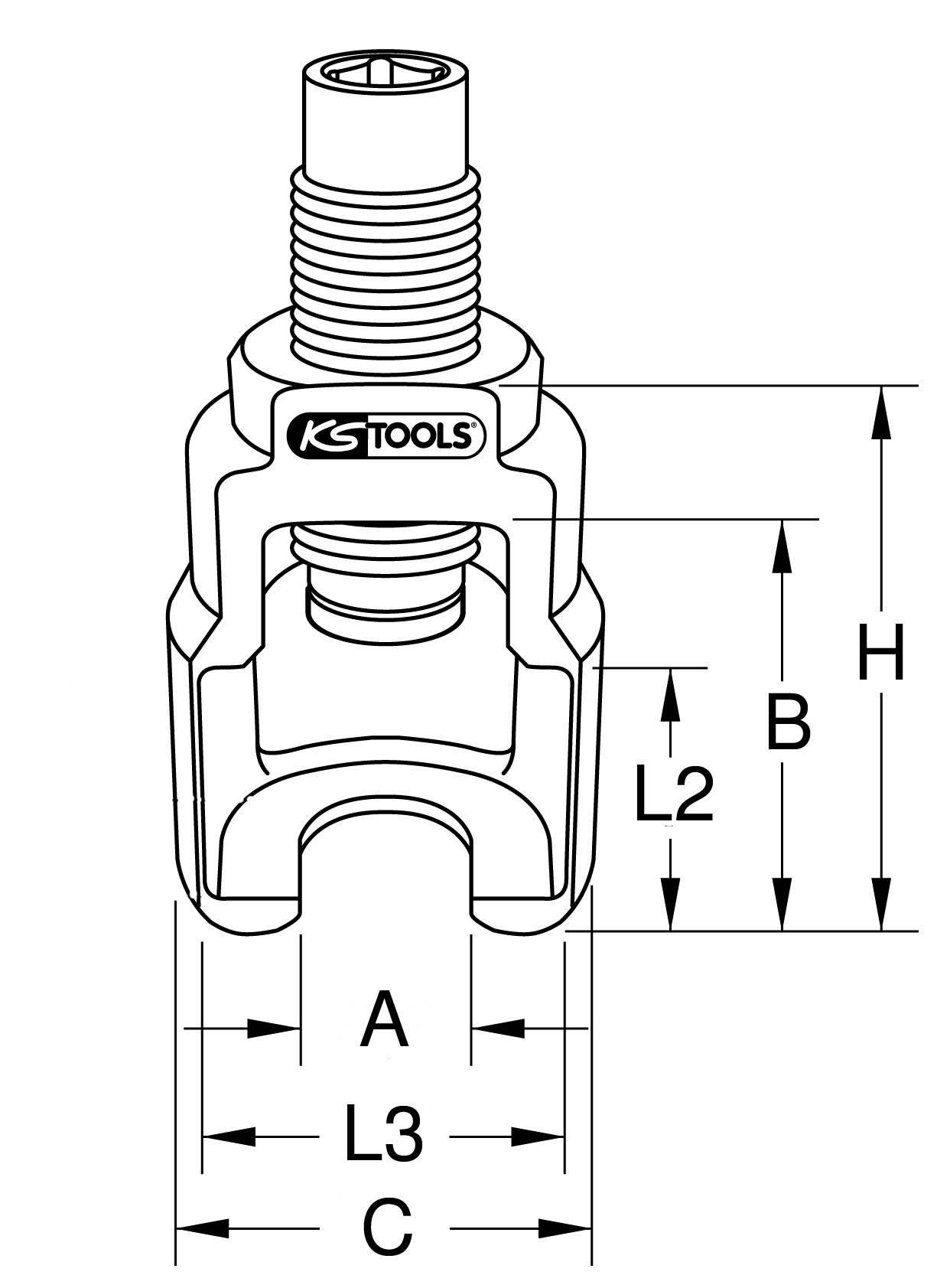 Technische Zeichnung eines Werkzeugs von KS Tools mit Maßen A, B, C, L2, L3 und H, um die Abmessungen des Werkzeugs zu verdeutlichen.