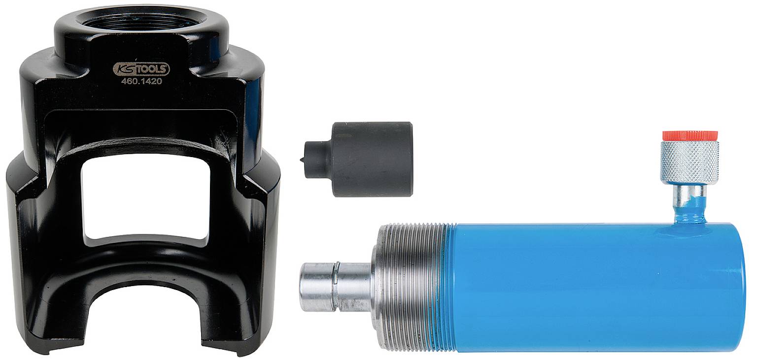 Hydraulischer Abzieher: links ein schwarzes Abziehwerkzeug, rechts ein blauer Hydraulikzylinder mit Adapter.